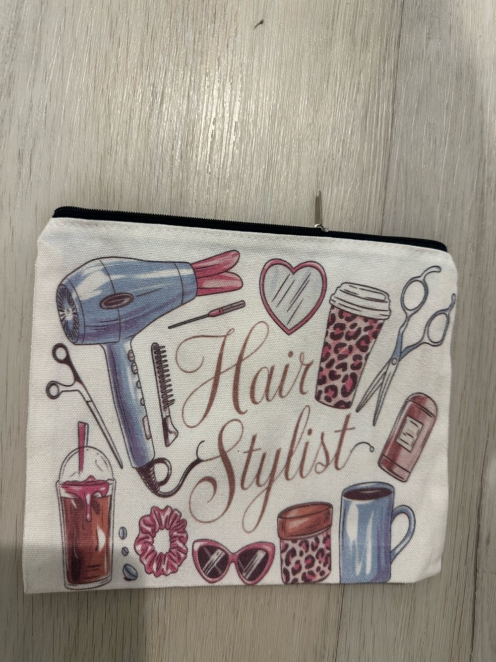 Hair Stylist Cosmetic Pouch - White with Pink & Blue Accents